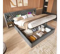 KOMHTOM Lit Rembourré Hydraulique avec 2 Tables de Nuit et Lampe, Lit Double avec Sommier à Lattes en Bois, Ensemble lit Chambre à Coucher Complet(sans Matelas) (Gris-B, 180×200cm)