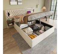 KOMHTOM Lit Rembourré Hydraulique avec 2 Tables de Nuit et Lampe, Lit Double avec Sommier à Lattes en Bois, Ensemble lit Chambre à Coucher Complet(sans Matelas) (Beige-B, 180×200cm)