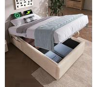 KOMHTOM Lit Rembourré Naturel 90×200 cm Coffre avec Rangement sous Le lit et Poches de Rangement Cadre de Lit Plateforme(sans Matelas) avec Port de Charge USB/Type-C