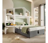KOMHTOM Lit Simple Rembourré, Lit pour Enfant, Espace de Rangement Hydraulique, Bibliothèque Blanche, Port de Chargement USB et Type-C, Sac de Rangement(sans Matelas) (Gris, 90 x 190 cm)
