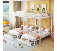 KOMHTOM Lit superposé 3 Places avec Rangement Lit en métal avec Deux tiroirs, composé d'un lit 2 Personnes 140x200 et de Deux Lits 1 Personnes 90x200 (Blanc, Matelas Non Inclus)