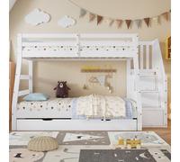 KOMHTOM Lit Superposé 90/120x200cm avec 3 échelle de Rangement et lit gigogne à roulettes,Sommier à Lattes,Lit 3 Places en Bois Moderne,sans Matelas (Blanc-C)