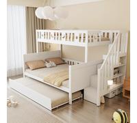 KOMHTOM Lit Superposé 90 x 200 cm + 140 x 200 cm, Cadre de Lit en Bois avec lit gigogne, Escalier de Rangement et Sommier à Lattes(sans Matelas) (Blanc-D)