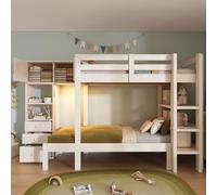 KOMHTOM Lit Superposé 90x200 cm, Lit 2 Places en Bois avec Veilleuse Intelligente, Armoire de Rangement, Plusieurs étagères et 3 Tiroirs(sans Matelas) (Blanc)