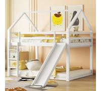 KOMHTOM Lit Superposé Cabane en Bois avec Toboggan et Échelle, Clôture de Sécurité, Support à Lattes, Cadre de Lit pour Chambres à Coucher, Pin (Sans Matelas) (Blanc)