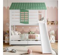 KOMHTOM Lit Superposé en Bois 90x200cm avec Toboggan, 2 Tiroir de Rangement, Sommier à Lattes et Fenêtre - Cadre en Pin pour Enfants et Adolescents - sans Matelas (Blanc-A)