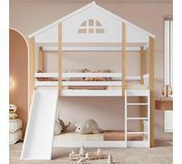 KOMHTOM Lit Superposé Enfant en Bois 90x200cm avec Échelle, Toboggan, Barrière Sécurité, Sommier à Lattes et Zone de Loisirs - Cadre de Lit Simple Moderne - sans Matelas (Blanc-B)