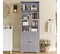 KOMHTOM Meuble Salle de Bain Rangement, Vitrine en Verre avec 4 Portes, Étagère Réglable, 57.5 x 28.5 x 162.5 cm - Armoire Moderne en Bois (Gris)