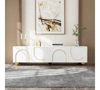 KOMHTOM Meuble TV Moderne, Meuble de Salon, avec 4 Portes et Pieds Ronds Dorés, Système Push-to-Open, pour Salon, Salle à Manger et Chambre à Coucher (Blanc, 170x38x44cm)