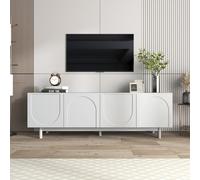 KOMHTOM Meuble TV Moderne, Meuble de Salon, avec 4 Portes et Pieds Ronds Dorés, Système Push-to-Open, pour Salon, Salle à Manger et Chambre à Coucher (Blanc, 175x38x56cm)
