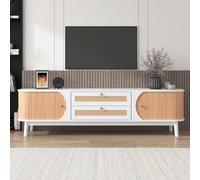 KOMHTOM Meuble TV patchwork blanc et bois - Commode avec deux portes et deux tiroirs - Armoire de rangement pour salle à manger, chambre et salon (blanc et couleur bois)