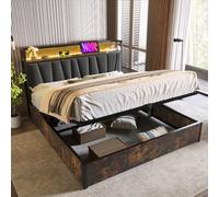 KOMHTOM Moderne Lit Coffre avec USB et Prises,LED réglable Tête Capitonnée,Cadre de Lit Plateforme avec Rangement sous,Support à Lattes(sans Matelas) (180x200cm)