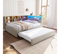 KOMHTOM Modernité Canapé-lit Rembourré avec lit gigogne Lit LED avec Compartiments de Rangement, Port de Charge et Tête, Flanelle(sans Matelas) (Gris Clair-140x200cm)