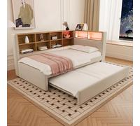 KOMHTOM Modernité Canapé-lit Rembourré avec lit gigogne Lit LED avec Compartiments de Rangement, Port de Charge et Tête, Flanelle(sans Matelas) (Beige-90x200cm)