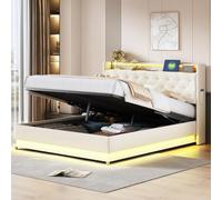KOMHTOM Modernité Lit Rembourré avec Port de Recharge USB et Support Hydraulique Lit LED avec Tête de lit et Métallique Sommier, Lin(sans Matelas) (Beige, 160 x 200cm)