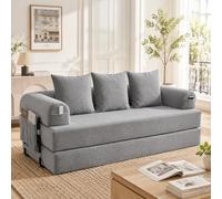 KOMHTOM Petit Canapé 3 Places en Velours Côtelé avec 3 Coussins Confortables, DIY Libre et Structure Métal - Canapé Convertible Moderne (Gris Clair-B)