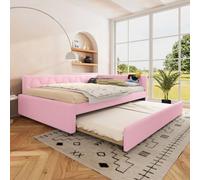 KOMHTOM Rembourré Canapé-lit avec Port de Charge et Lumière LED, Modernité Lit Double avec lit gigogne, Chambres à Coucher(sans Matelas) (Rose, 140 x 200CM)