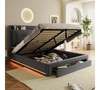 KOMHTOM Rembourré Lit Coffre avec Bande Lumineuse LED et Tiroir de Rangement Cadre de Lit Plateforme avec Tête Confortable(sans Matelas) (Gris Foncé, 140x200 cm)