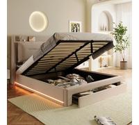 KOMHTOM Rembourré Lit Coffre avec Bande Lumineuse LED et Tiroir de Rangement Cadre de Lit Plateforme avec Tête Confortable(sans Matelas) (Beige, 140x190 cm)
