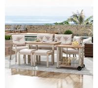 KOMHTOM Salon de Jardin 6 à 7 Places, Ensemble Mobilier Extérieur avec Table en Bois d'Acacia, Canapé, Chaises, Poufs et Desserte à roulettes(Ensemble Complet avec Desserte - Beige)