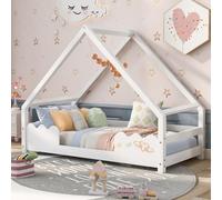 KOMHTOM Simple Lit de Maison avec Protection Anti-Chute, Lit de Jeune avec Sommier à Lattes en Bois, Cadre de lit, Minimaliste(sans Matelas) (Blanc, 90x200cm)