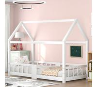 KOMHTOM Simple Lit de Maison avec Protection Anti-Chute, Lit de Jeune avec Sommier à Lattes en Bois, Cadre de lit, Minimaliste(sans Matelas) (Blanc-A, 90 x 200CM)