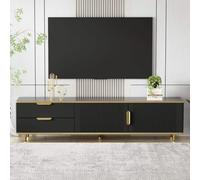 KOMHTOM Support TV noir meuble TV bas avec deux tiroirs et portes, meuble TV moderne commode télévision pour salon chambre à coucher (noir)