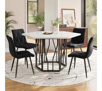 KOMHTOM Table à Manger avec 4 Chaises - Ensemble 5 pièces Design Hexagonal, Plateau Marbré, Pieds Acier, Facile à Nettoyer, pour Salle à Manger ou Salon (Black White+Black)