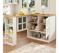 KOMHTOM Table à Manger Pivotante à 360°avec Armoire de Rangement, Meuble Bar Mobile, Bar Cuisine avec 2 Portes, 3 Tiroirs et étagères latérales (Blanc-4)