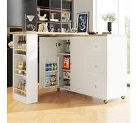 KOMHTOM Table à Manger Pivotante à 360°avec Armoire de Rangement, Meuble Bar Mobile, Bar Cuisine avec 2 Portes, 3 Tiroirs et étagères latérales (Blanc)