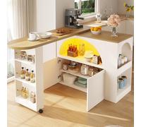 KOMHTOM Table à Manger Pivotante à 360°avec Armoire de Rangement, Meuble Bar Mobile, Bar Cuisine avec 2 Portes, 3 Tiroirs et étagères latérales (Blanc-1)