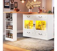 KOMHTOM Table à Manger Pivotante avec Armoire de Rangement, Table de Bar Extensible, Bar Cuisine avec Espace de Rangement, Buffet avec étagères et Vitre (Blanc-2)