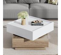 KOMHTOM Table Basse Carrée avec 2 tiroirs pivotant à 360°, Table d'appoint Meuble de Salon (Blanc+Couleur du Bois, 60 x 60 x 38cm)