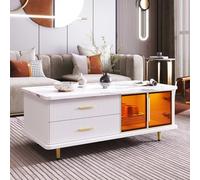 KOMHTOM Table basse marbrée blanche - Buffet avec deux tiroirs et un compartiment de rangement - Armoire multifonction avec lumière LED intégrée pour salon, chambre à coucher et entrée (B)