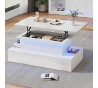 KOMHTOM Table Basse Rectangulaire Moderne avec 4 tiroirs et Plateau relevable, Table Basse Coffre Meuble de Salon avec Lumières LED, Blanc, 80 x 55 x 41 cm