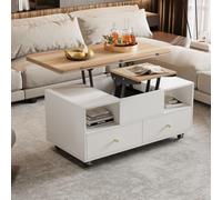 KOMHTOM Table Basse Réglable avec Fonction Rabattable,Table de Salon Mobile | Coffee Table,Espace de Rangement Dissimulé,1 Grande et 1 Petite Plateau Relevable,4 Tiroirs,équipée de roulettes,Moderne