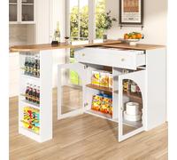 KOMHTOM Table de Bar Extensible, Bar Cuisine avec Espace de Rangement, Buffet avec étagères, Vitre et Tiroir, Table à Manger Pivotante avec Armoire de Rangement (Blanc)