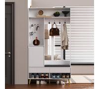 KOMHTOM Vestiaire d'entrée 100 × 35 × 180 cm, Armoire de Chambre avec Porte-Manteau, Rangement Multifonctionnel, Tabouret - Meubles Salon Moderne en Bois (Blanc-B)