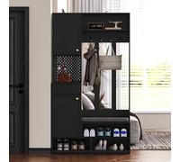 KOMHTOM Vestiaire d'entrée 100 × 35 × 180 cm, Armoire de Chambre avec Porte-Manteau, Rangement Multifonctionnel, Tabouret - Meubles Salon Moderne en Bois (Noir)