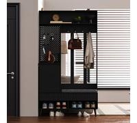 KOMHTOM Vestiaire d'entrée 100 × 35 × 180 cm, Armoire de Chambre avec Porte-Manteau, Rangement Multifonctionnel, Tabouret - Meubles Salon Moderne en Bois (Noir-B)