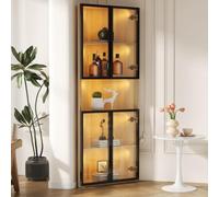KOMHTOM Vitrine d’Angle en Verre LED 62 x 32 x 160 cm, Chêne | MDF Finition Chêne,Deux Compartiments Fermés,Niche Ouverte,Lumière Chaude,Verre Trempé,30 kg