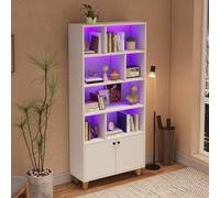 KOMHTOM Vitrine en Bois LED avec Compartiment de Rangement Ouvert et 2 Portes - 80x30x173cm Armoire Moderne - MDF - Bibliothèque en MDF pour Chambre à Coucher et Salon (Blanc)
