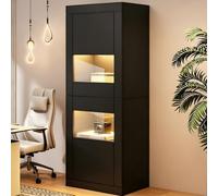 KOMHTOM Vitrine en Verre 2 Portes avec Éclairage LED Armoire d'Exposition 162cm pour Livres Meuble de Rangement Salon Noir (Black + Particle Board-2)