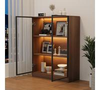 KOMHTOM Vitrine en Verre 80x106 cm avec LED, Armoire de Rangement 2 Portes, Bibliothèque Basse à 3 Niveaux, Meuble Salon et Bureau, Noyer Naturel (80x106cm- Vitrine Verre Noyer)