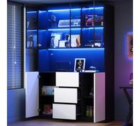 KOMHTOM Vitrine LED 120cm et Passe-câble en Verre trempé et MDF Noir Blanc | Étagère centrale passe-fil, 3 tiroirs et 2 portes, verre sécurisé teinté, charnières douces, livré en 3 colis
