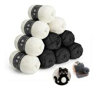 Komicea Pelotes de Laine, 10 x 50g/133m Boules de Fil Tressé à la Main, Fil à Tricoter 100% Acrylique pour Tout Projet de Tricot et Crochet (Noir et Blanc)