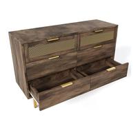 Kommode Buffet moderne à 6 tiroirs avec grille métallique aspect bois et pieds dorés Armoire de rangement élégante pour chambre à coucher et salon Organiseur chic de couloir (marron)