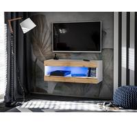 Komodee, Armoire TV, Tivoli TV Suspendue, Blanc/Wotan, Largeur 100cm x Hauteur 36cm x Profondeur 35cm, LED Bleu, pour Salon, Chambre à Coucher