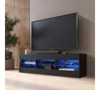 Komodee Banc TV Tivoli, Noir Noir, Largeur 140 cm x Hauteur 40,5 cm x Profondeur 35,5 cm, LED Bleues, pour Salon, Chambre