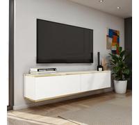 Komodee Banff TV135 - Meuble TV, façade Blanche Lisse/chêne Artisan, Largeur 135 cm, Hauteur 30 cm, Profondeur 32 cm